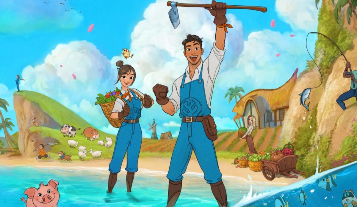 coral island key art two farmers cheering / southeast asia environmental games