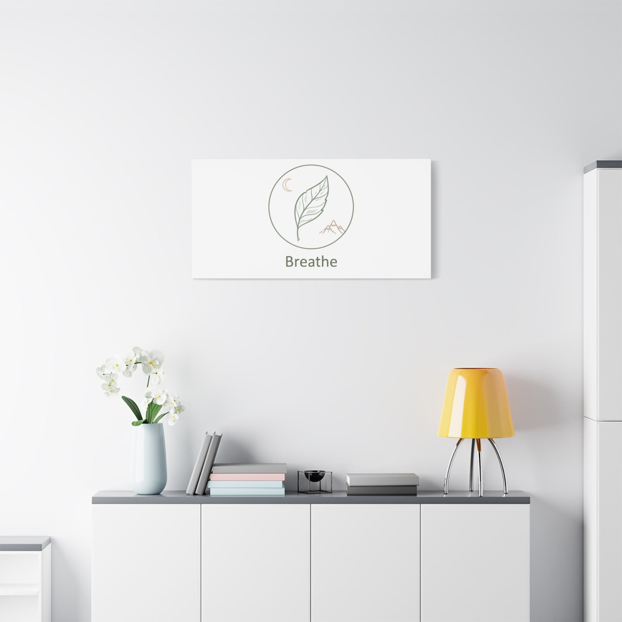 Breathe Leaf Circle Canvas | Minimal Nature Symbols, Moon & Mountain Wall Art