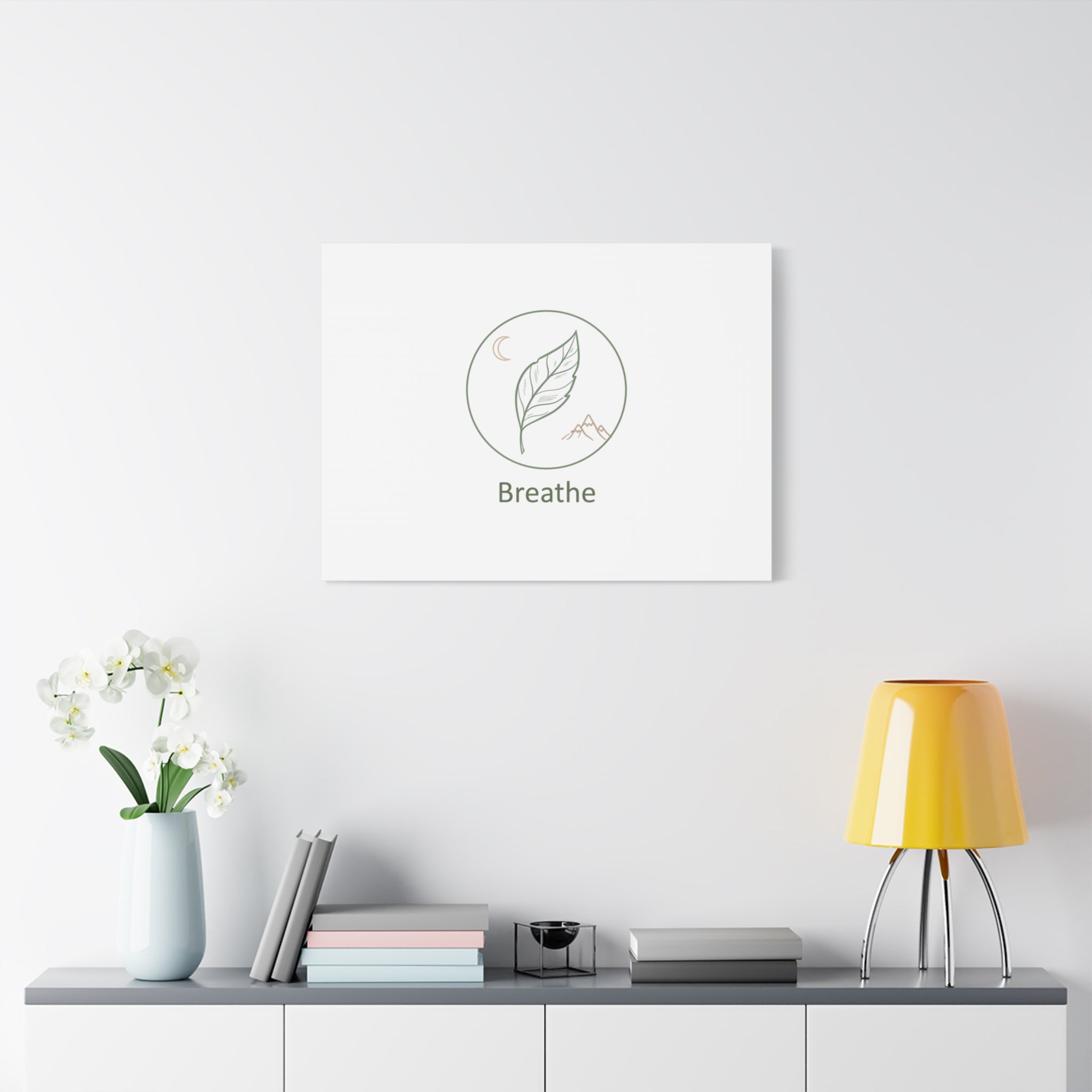 Breathe Leaf Circle Canvas | Minimal Nature Symbols, Moon & Mountain Wall Art