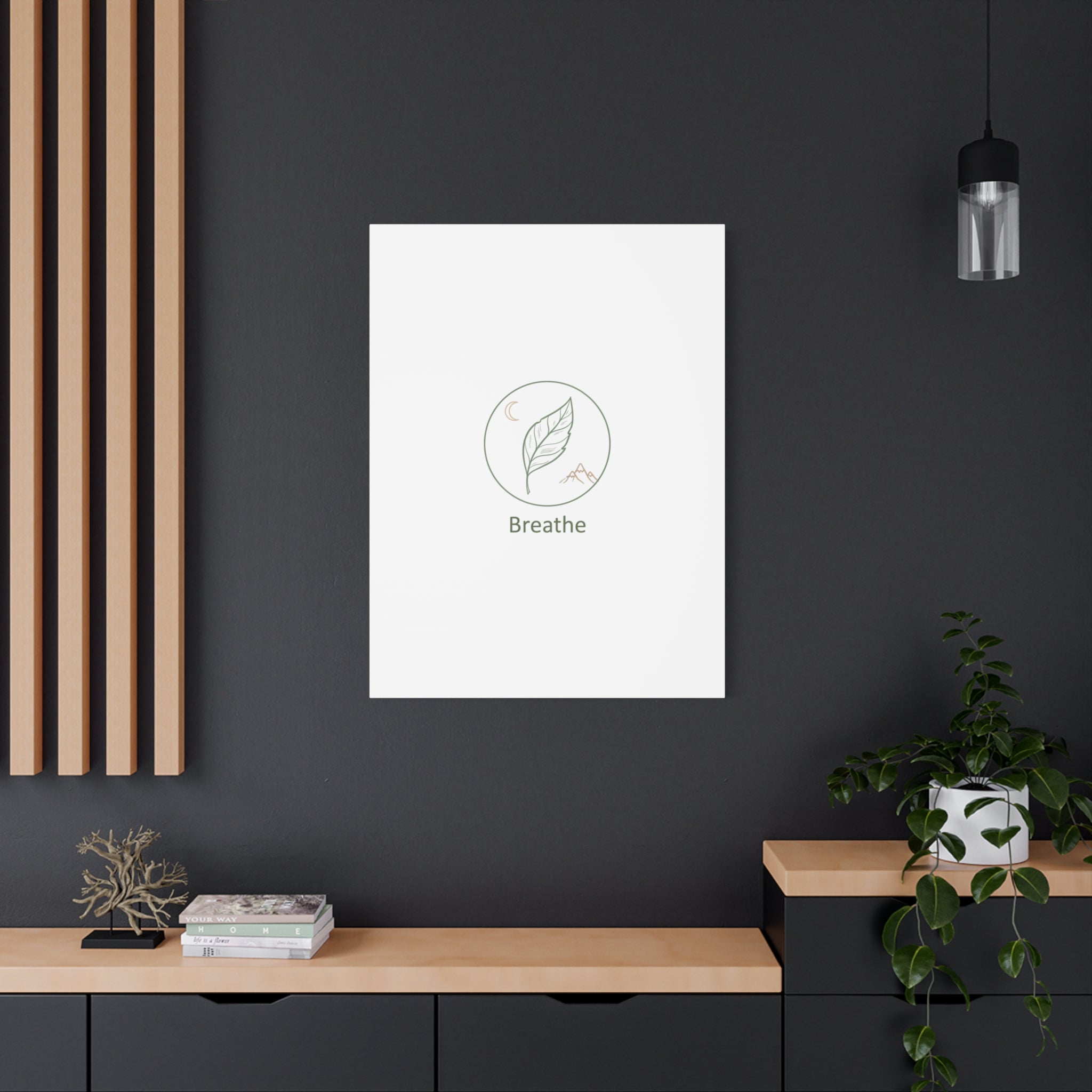 Breathe Leaf Circle Canvas | Minimal Nature Symbols, Moon & Mountain Wall Art