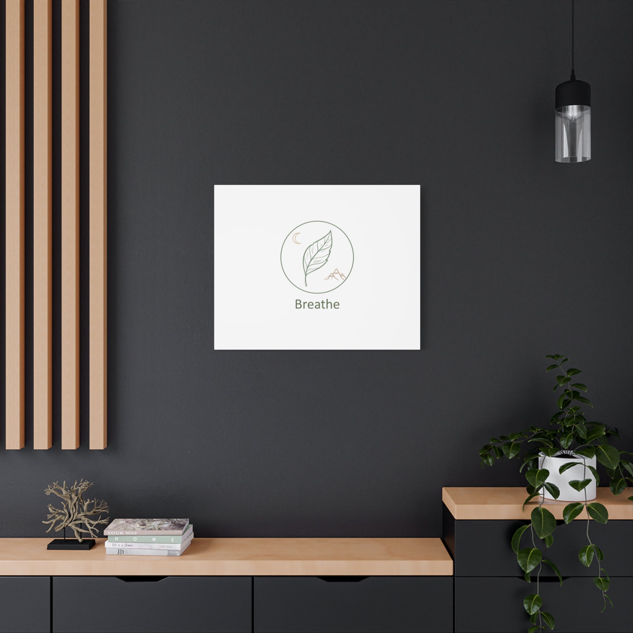 Breathe Leaf Circle Canvas | Minimal Nature Symbols, Moon & Mountain Wall Art