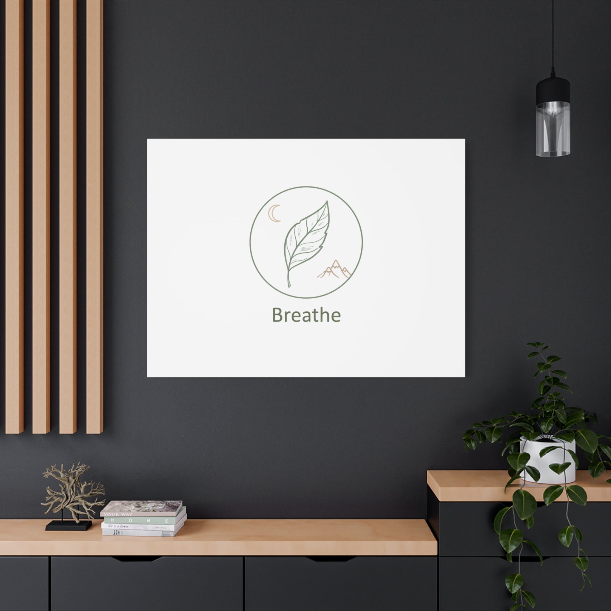 Breathe Leaf Circle Canvas | Minimal Nature Symbols, Moon & Mountain Wall Art
