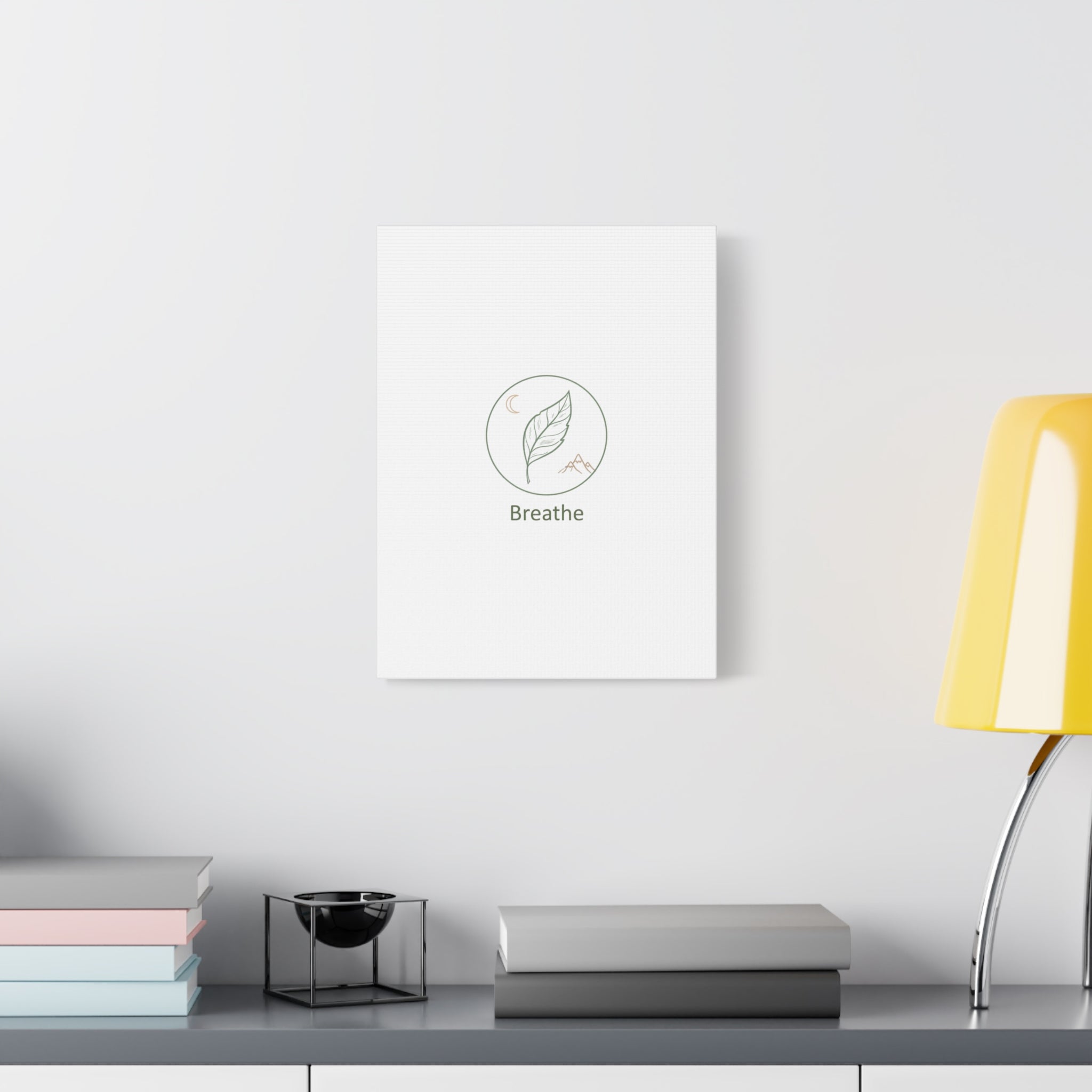 Breathe Leaf Circle Canvas | Minimal Nature Symbols, Moon & Mountain Wall Art