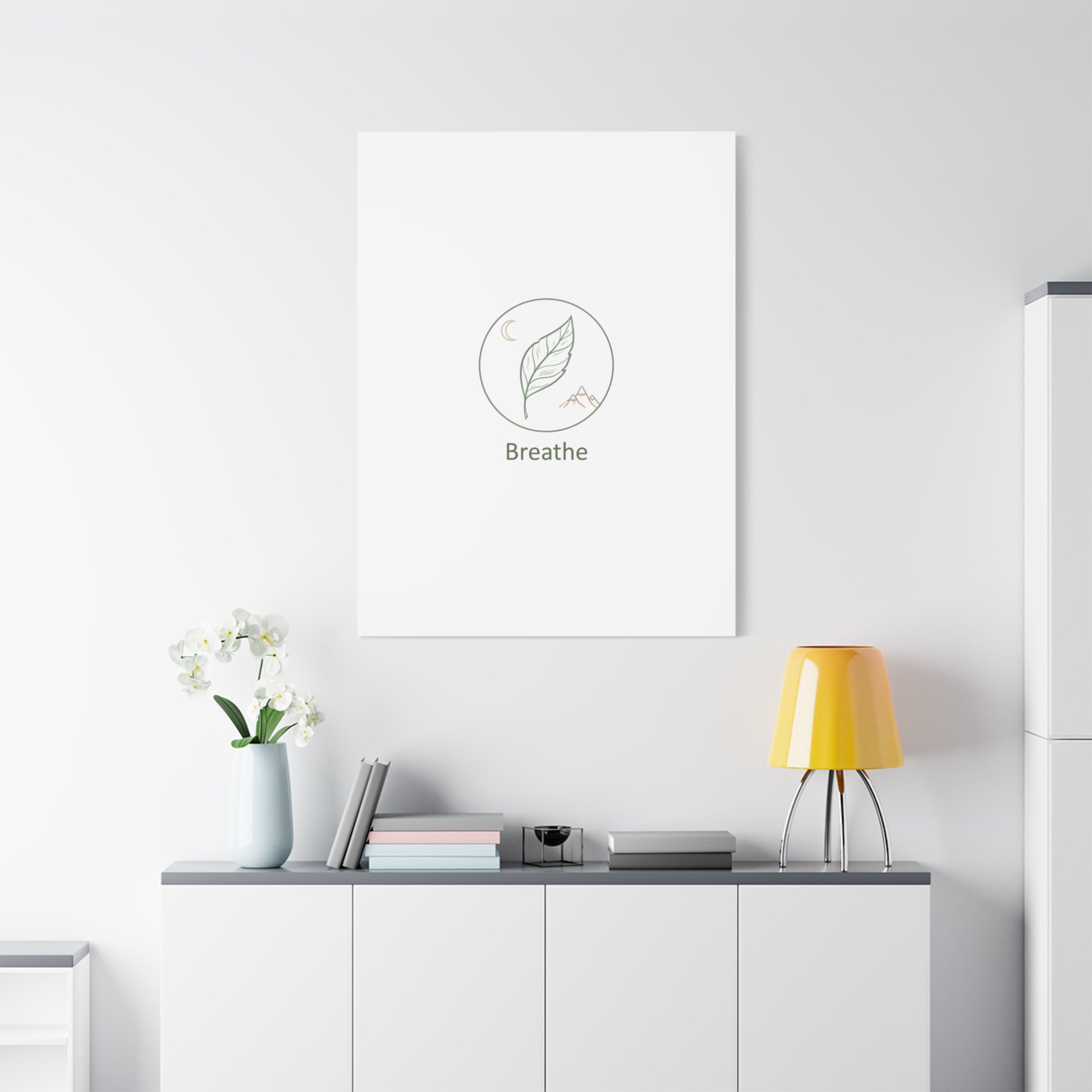 Breathe Leaf Circle Canvas | Minimal Nature Symbols, Moon & Mountain Wall Art