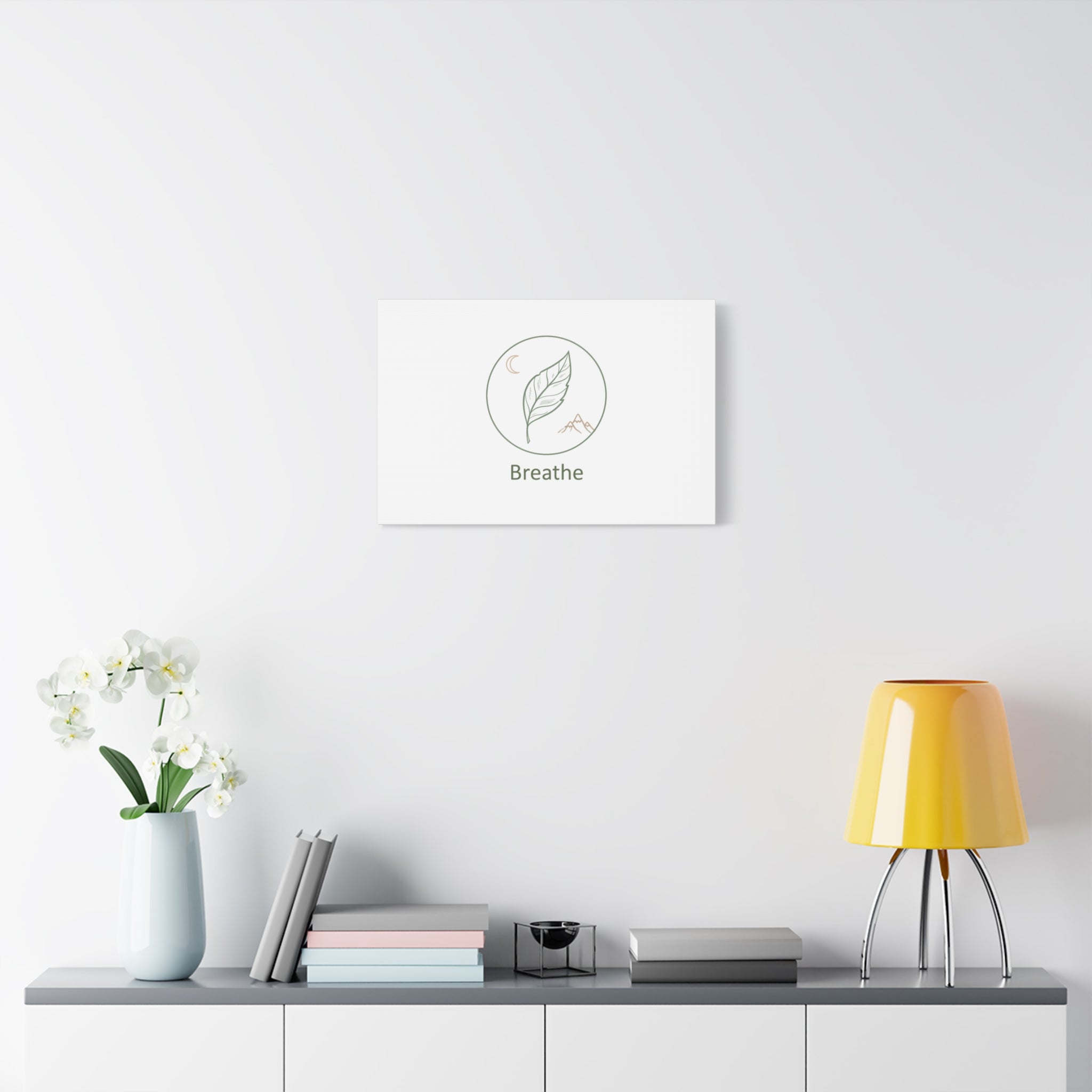Breathe Leaf Circle Canvas | Minimal Nature Symbols, Moon & Mountain Wall Art