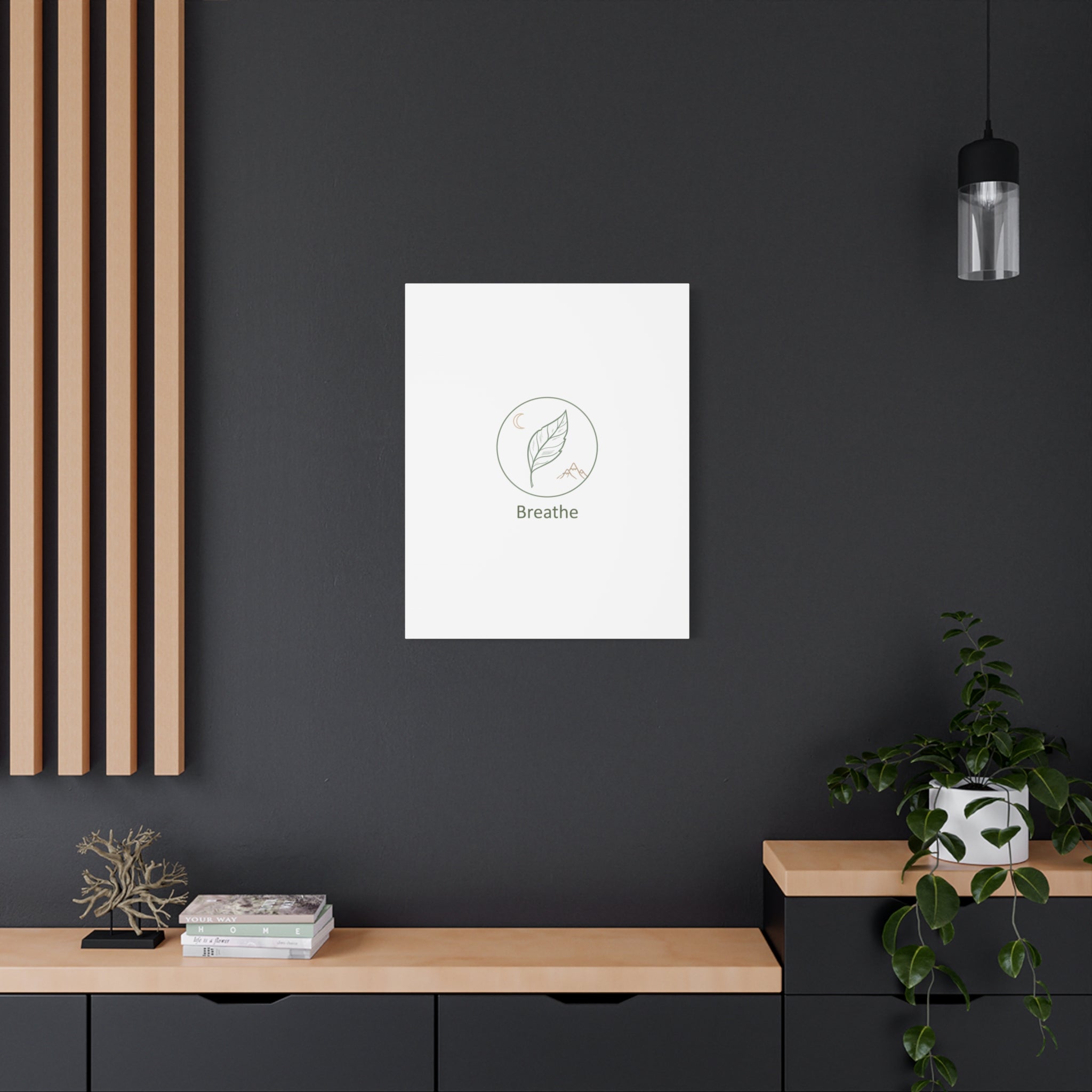 Breathe Leaf Circle Canvas | Minimal Nature Symbols, Moon & Mountain Wall Art