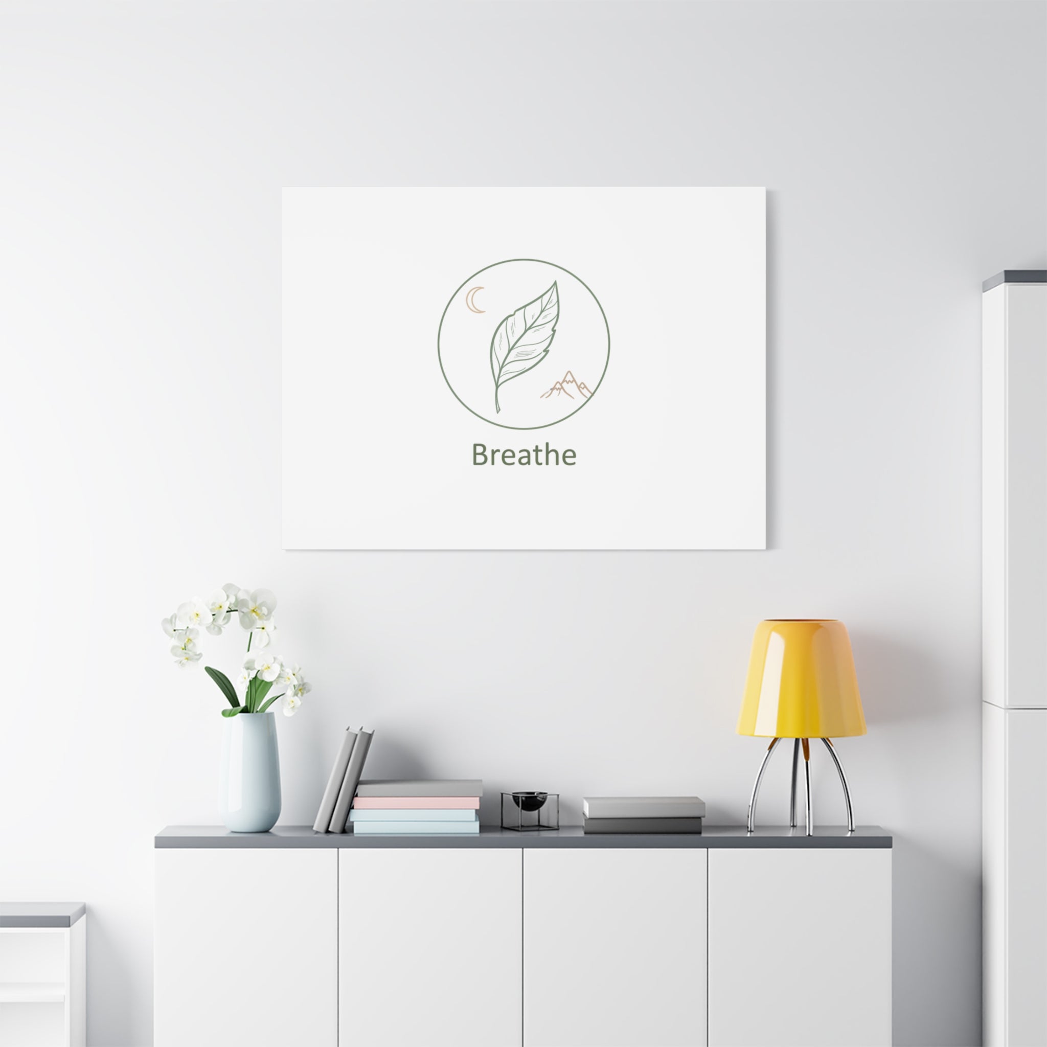 Breathe Leaf Circle Canvas | Minimal Nature Symbols, Moon & Mountain Wall Art