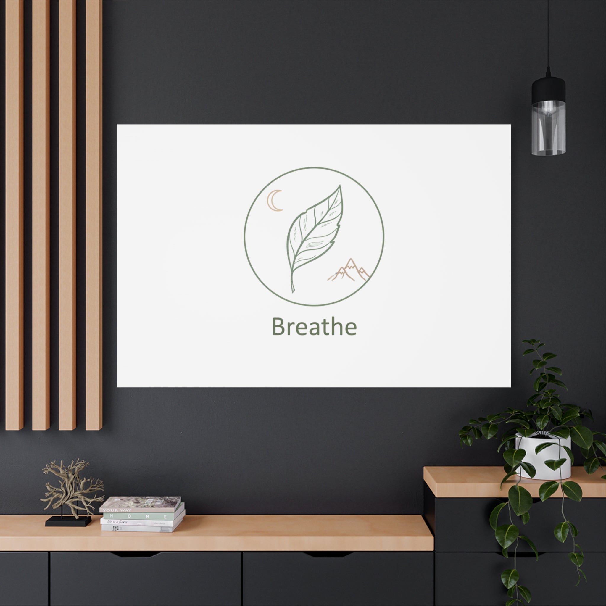 Breathe Leaf Circle Canvas | Minimal Nature Symbols, Moon & Mountain Wall Art