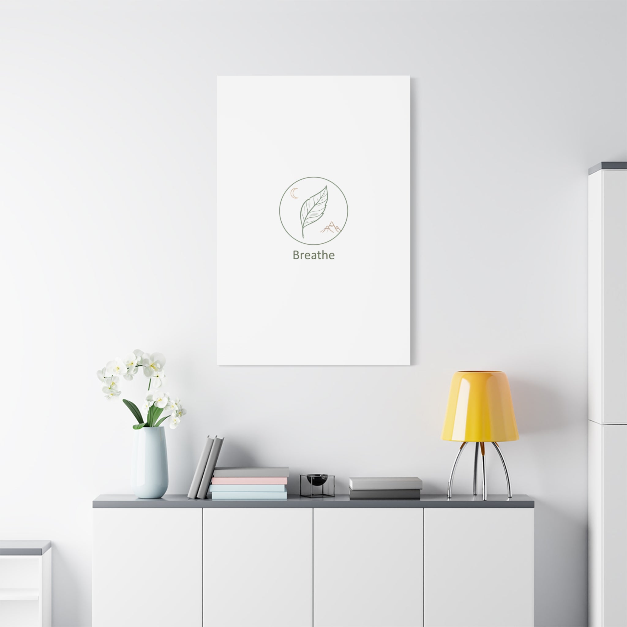 Breathe Leaf Circle Canvas | Minimal Nature Symbols, Moon & Mountain Wall Art