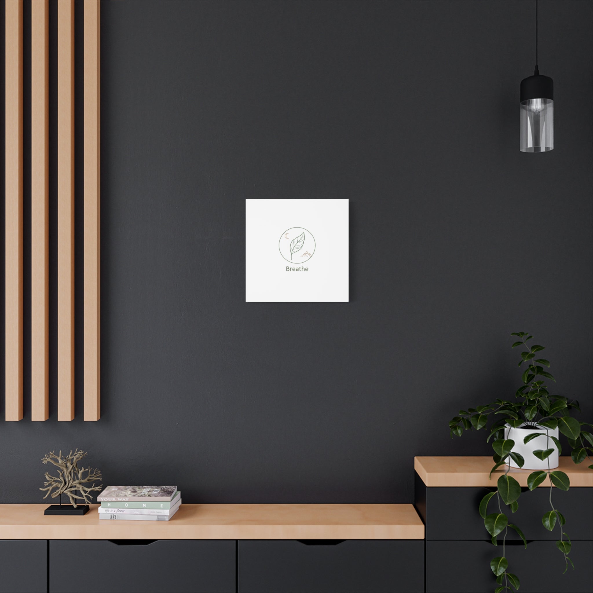 Breathe Leaf Circle Canvas | Minimal Nature Symbols, Moon & Mountain Wall Art