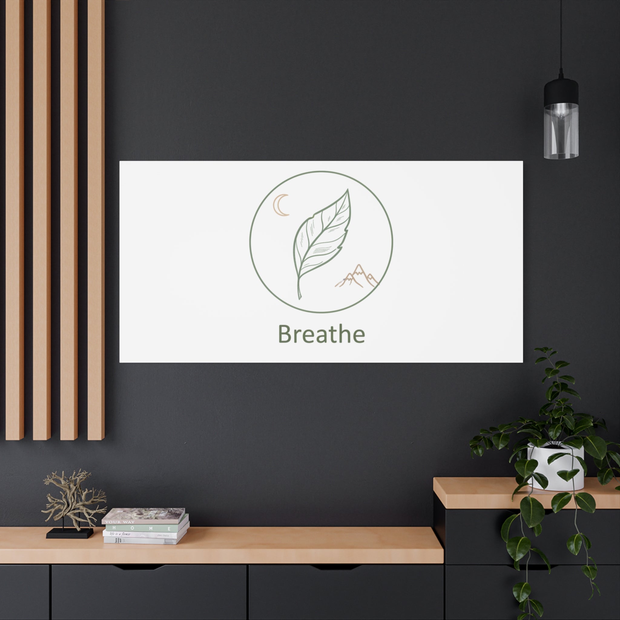 Breathe Leaf Circle Canvas | Minimal Nature Symbols, Moon & Mountain Wall Art