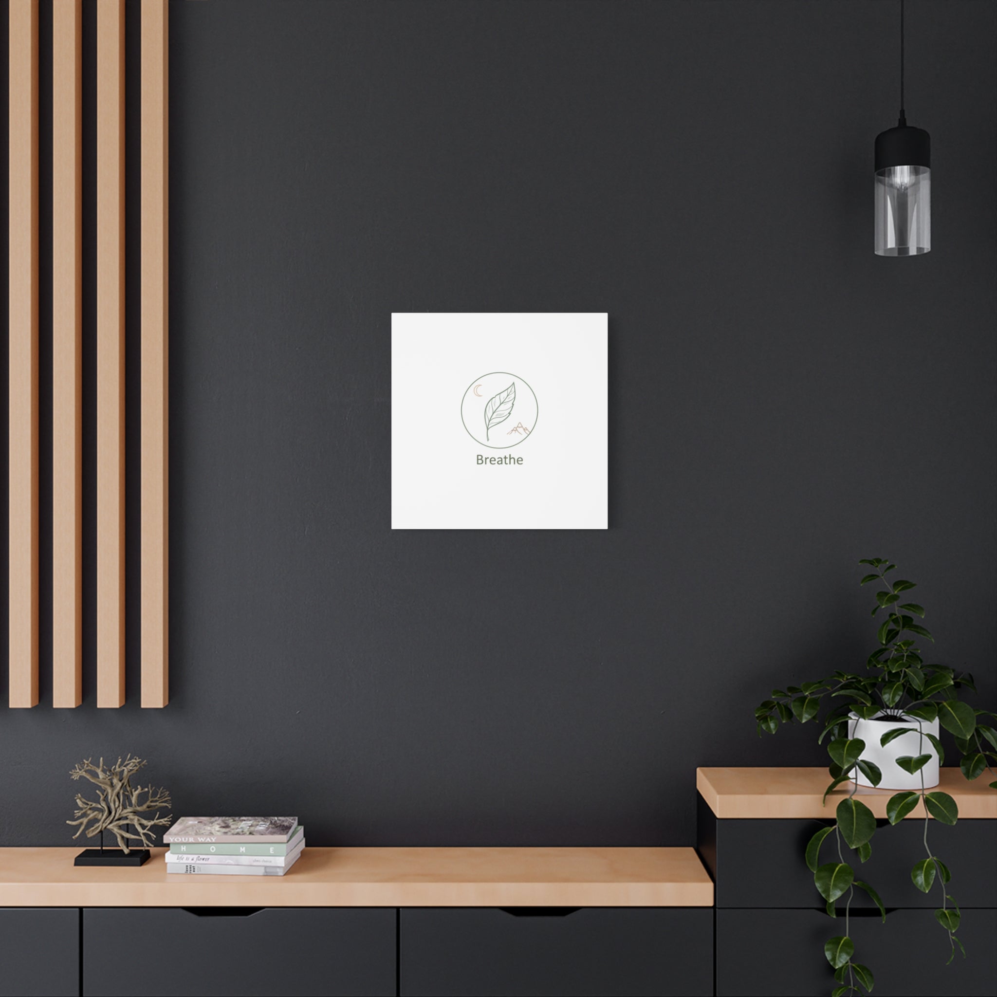 Breathe Leaf Circle Canvas | Minimal Nature Symbols, Moon & Mountain Wall Art