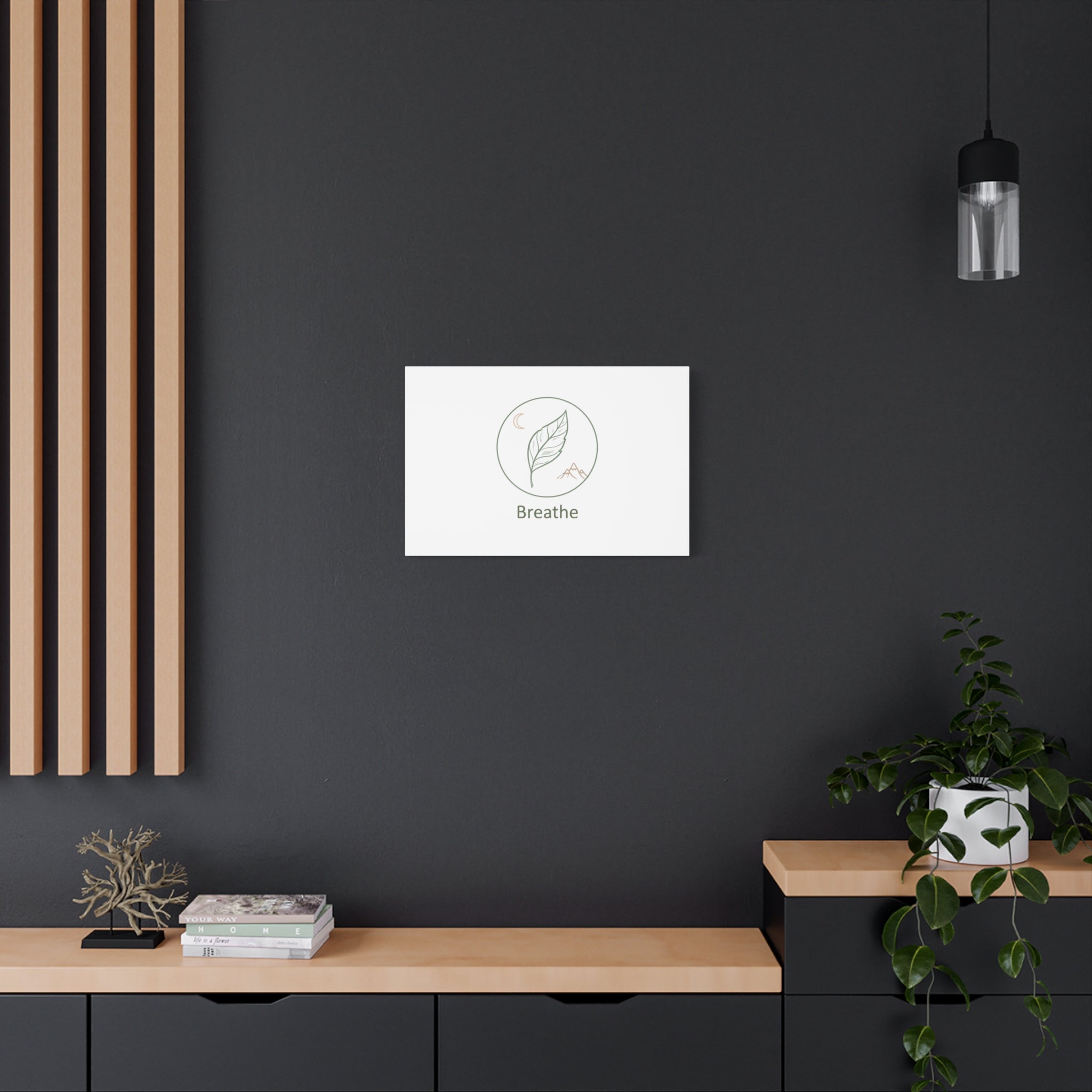 Breathe Leaf Circle Canvas | Minimal Nature Symbols, Moon & Mountain Wall Art