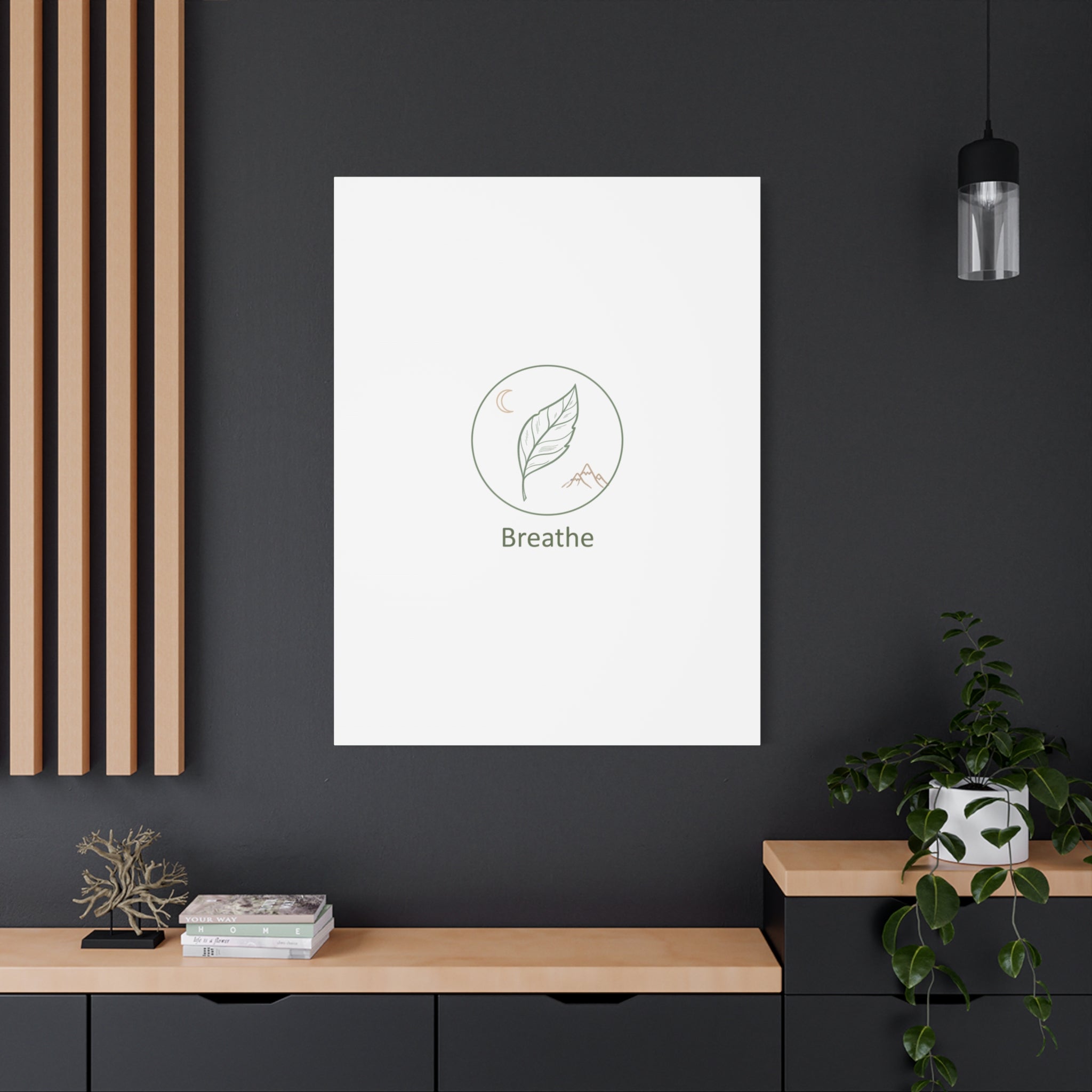 Breathe Leaf Circle Canvas | Minimal Nature Symbols, Moon & Mountain Wall Art