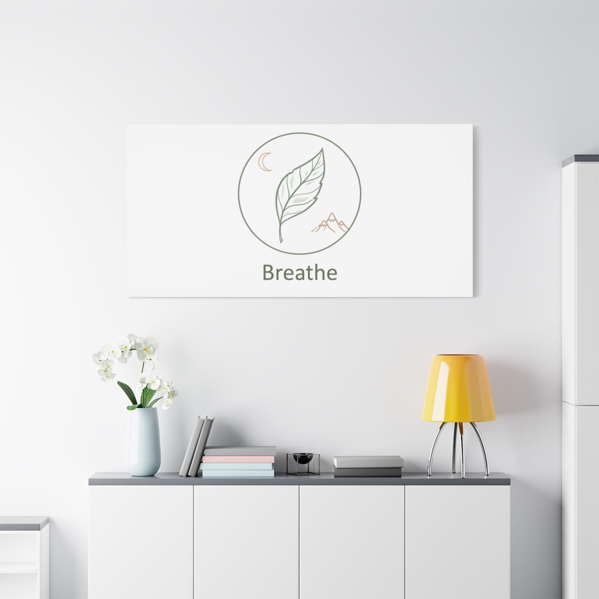 Breathe Leaf Circle Canvas | Minimal Nature Symbols, Moon & Mountain Wall Art