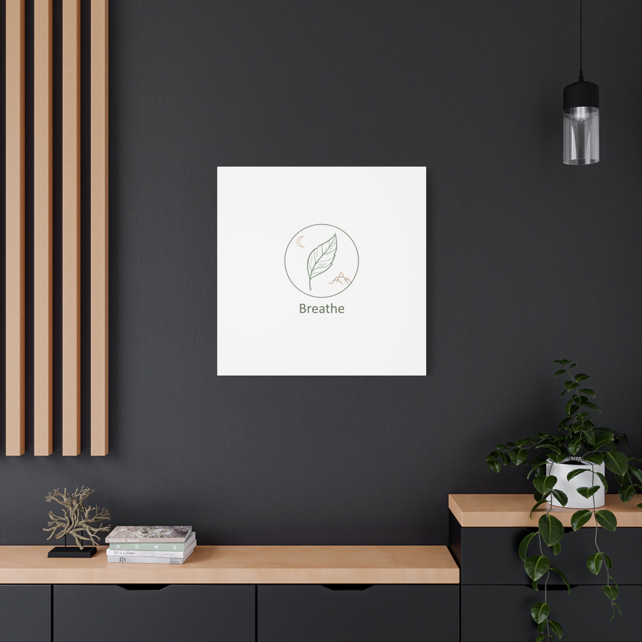 Breathe Leaf Circle Canvas | Minimal Nature Symbols, Moon & Mountain Wall Art