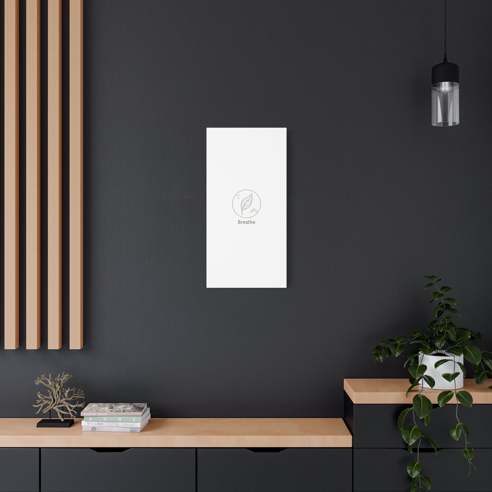 Breathe Leaf Circle Canvas | Minimal Nature Symbols, Moon & Mountain Wall Art