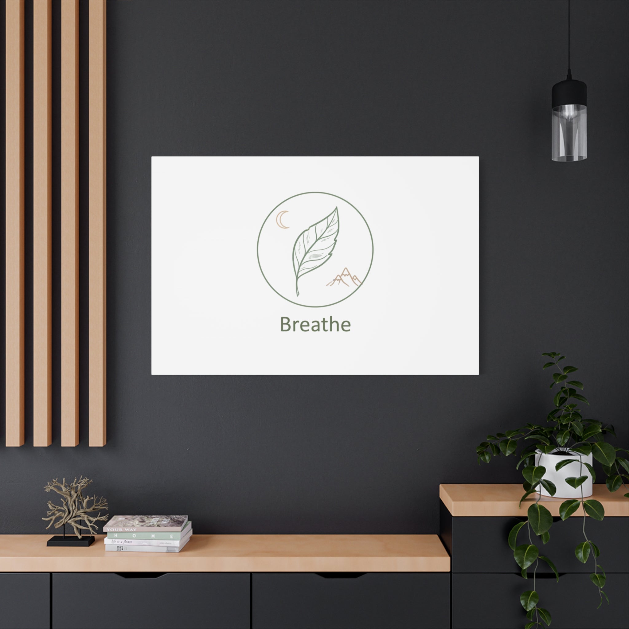 Breathe Leaf Circle Canvas | Minimal Nature Symbols, Moon & Mountain Wall Art