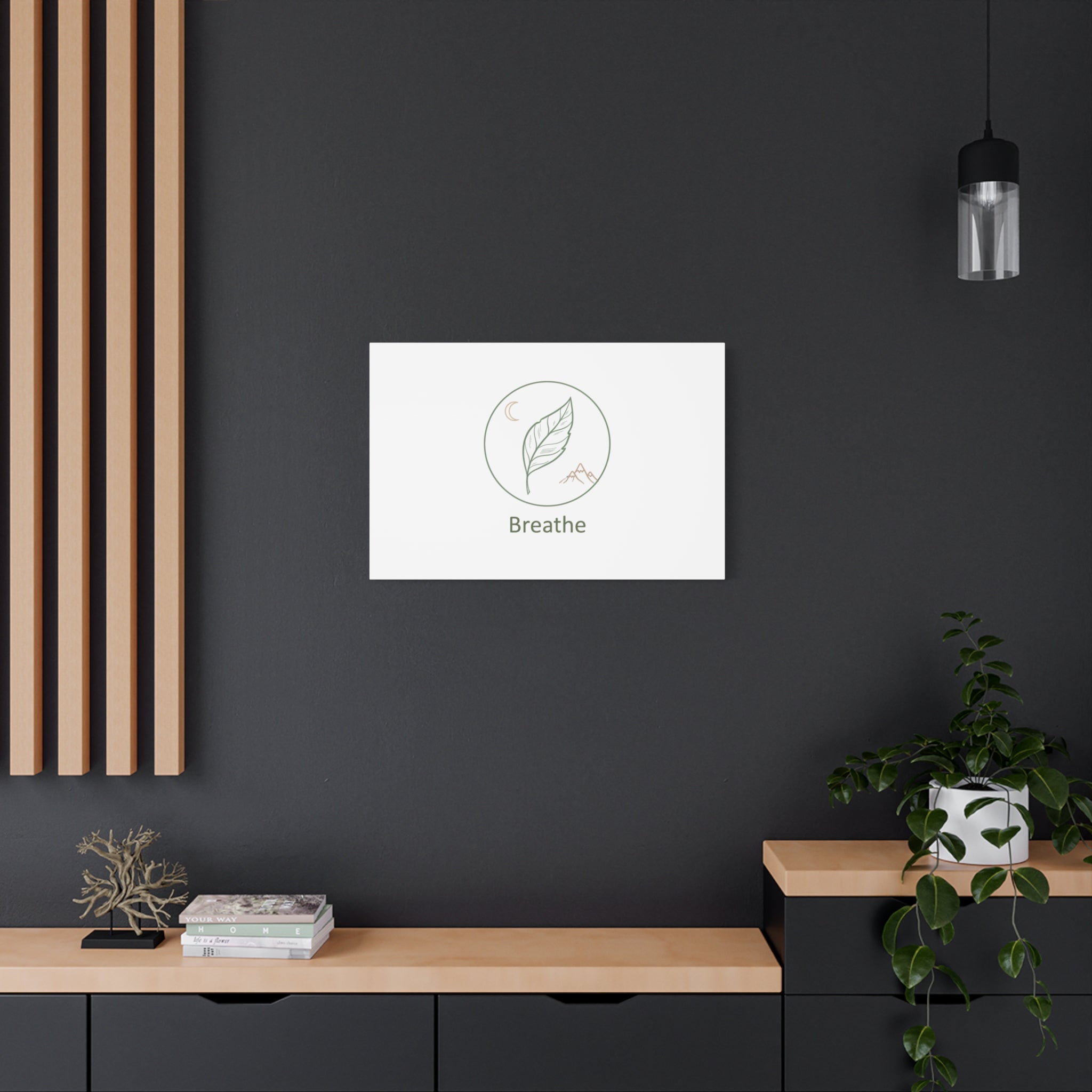 Breathe Leaf Circle Canvas | Minimal Nature Symbols, Moon & Mountain Wall Art