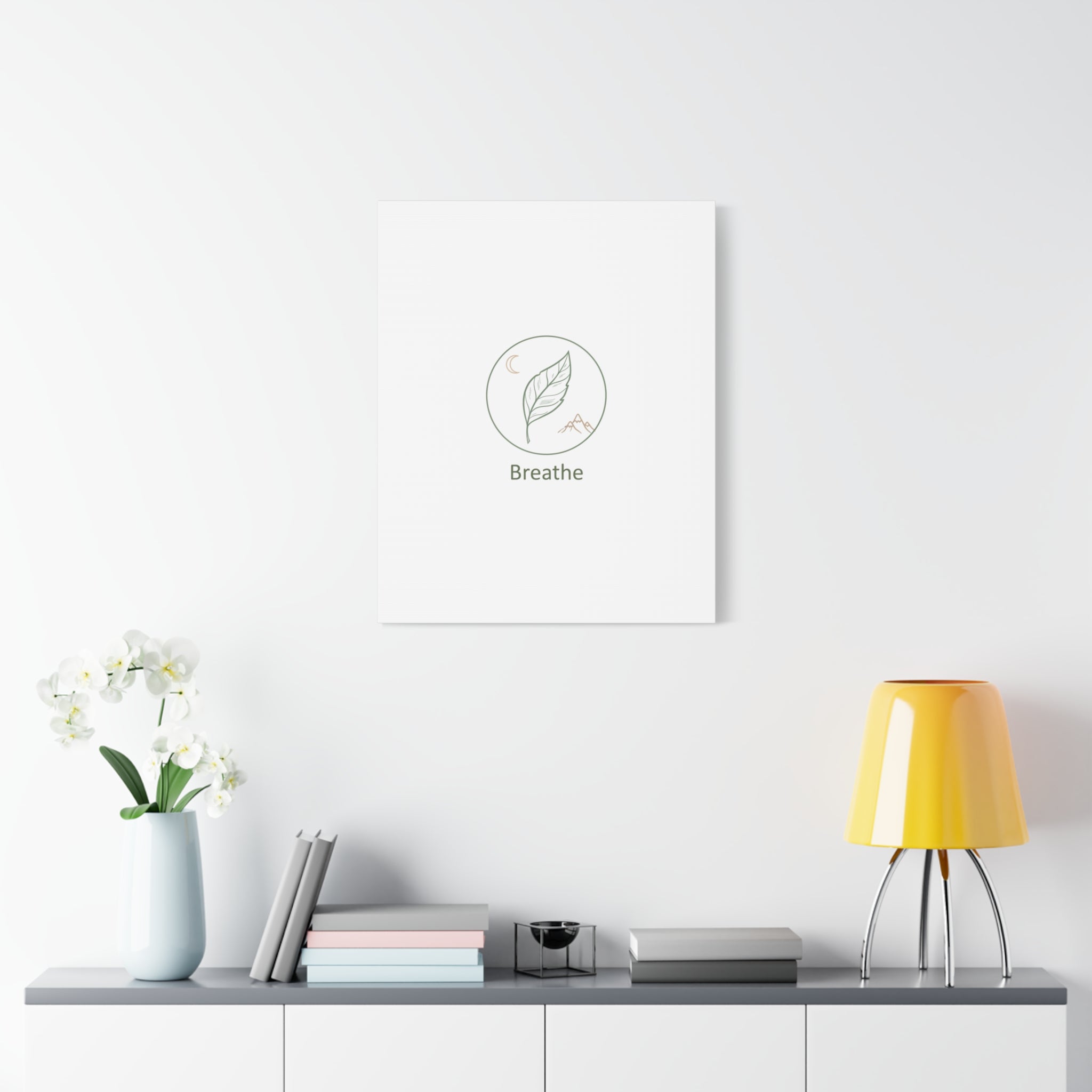 Breathe Leaf Circle Canvas | Minimal Nature Symbols, Moon & Mountain Wall Art