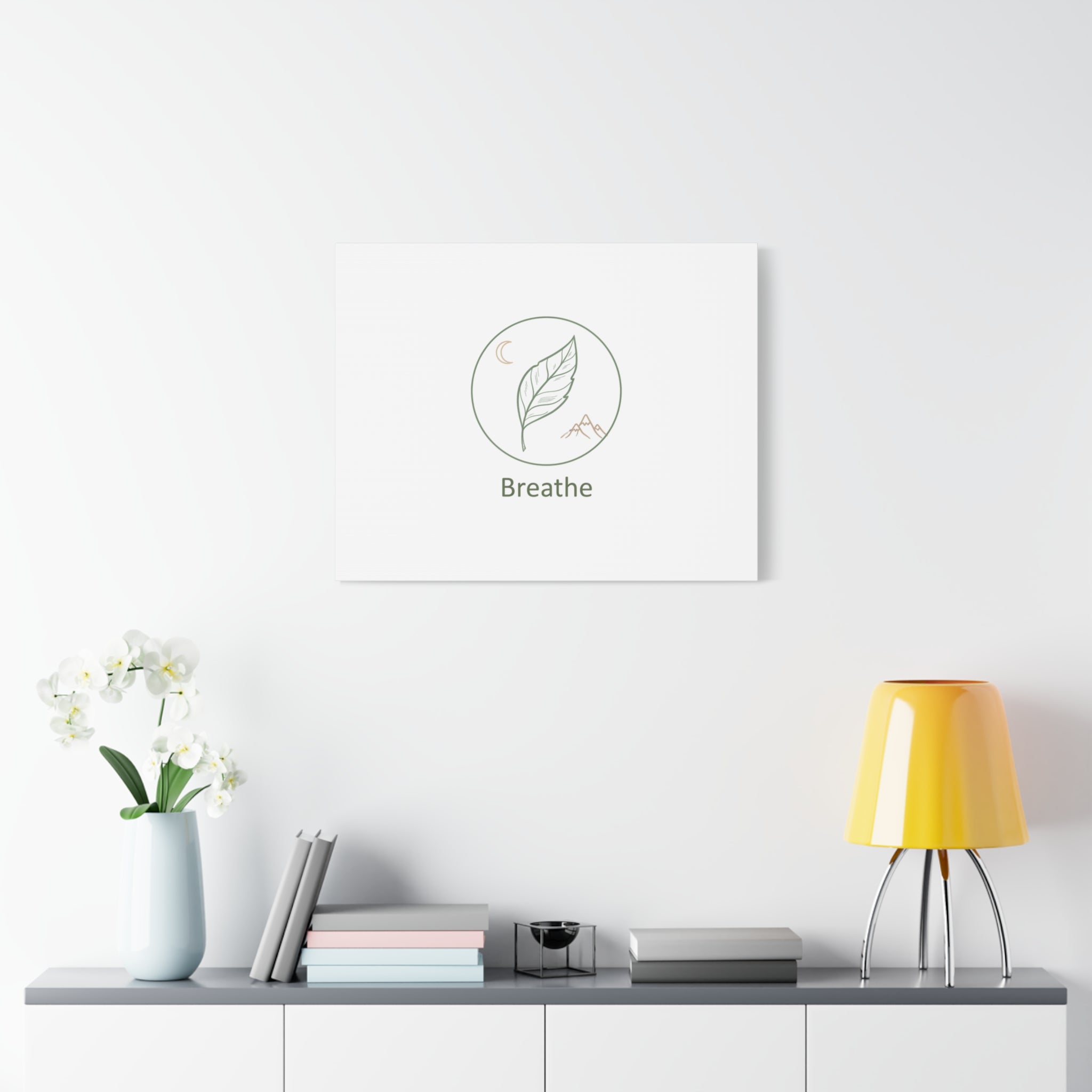 Breathe Leaf Circle Canvas | Minimal Nature Symbols, Moon & Mountain Wall Art
