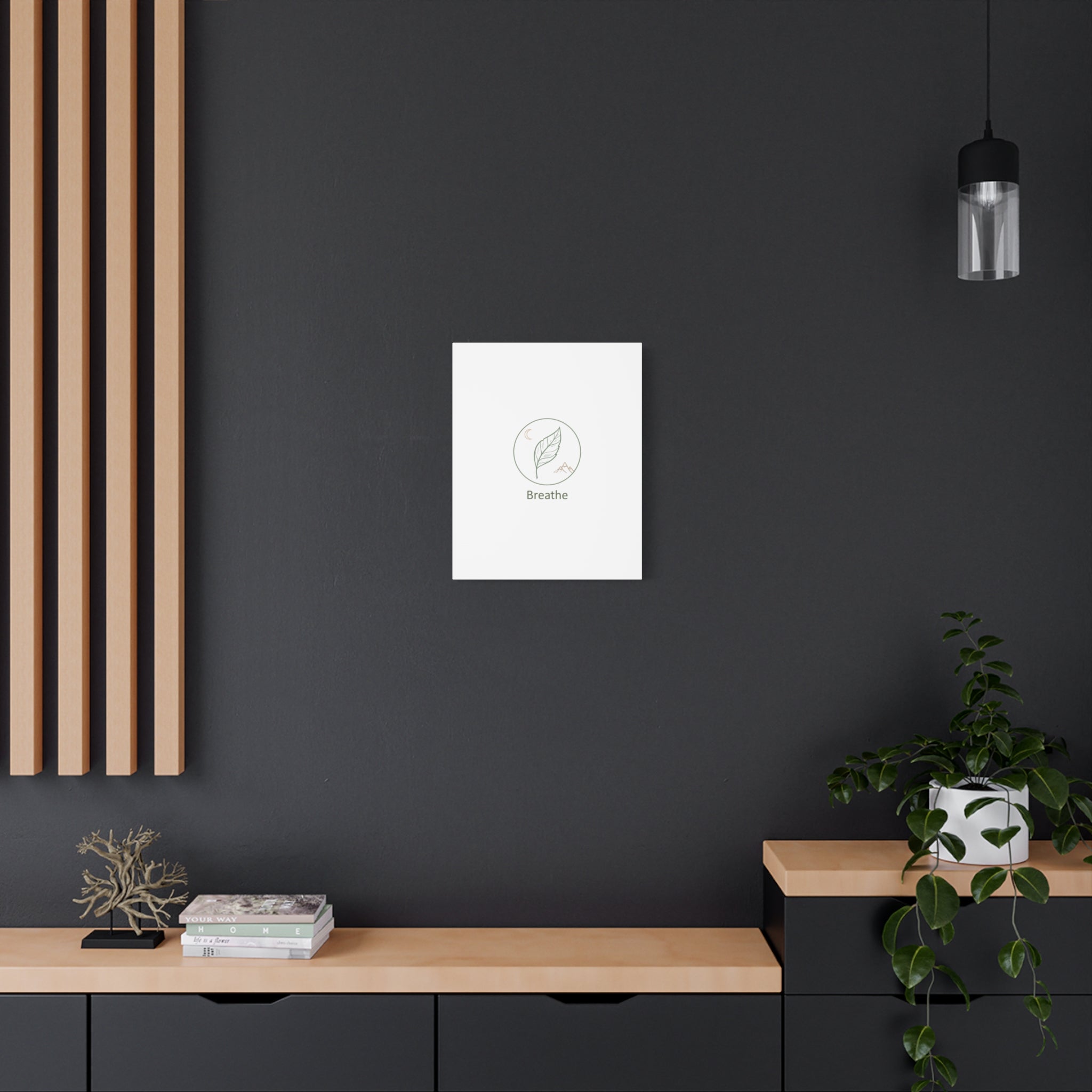 Breathe Leaf Circle Canvas | Minimal Nature Symbols, Moon & Mountain Wall Art