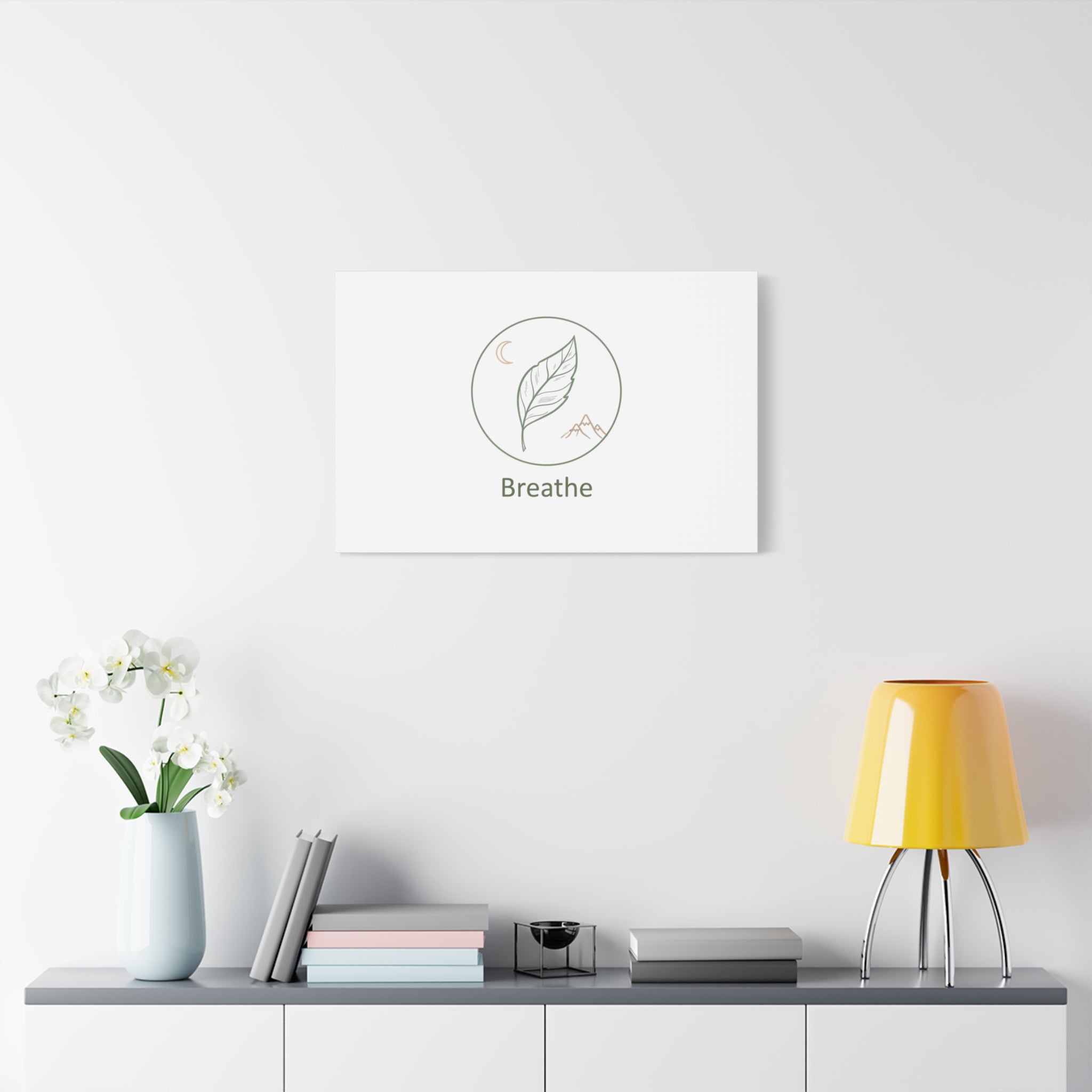 Breathe Leaf Circle Canvas | Minimal Nature Symbols, Moon & Mountain Wall Art