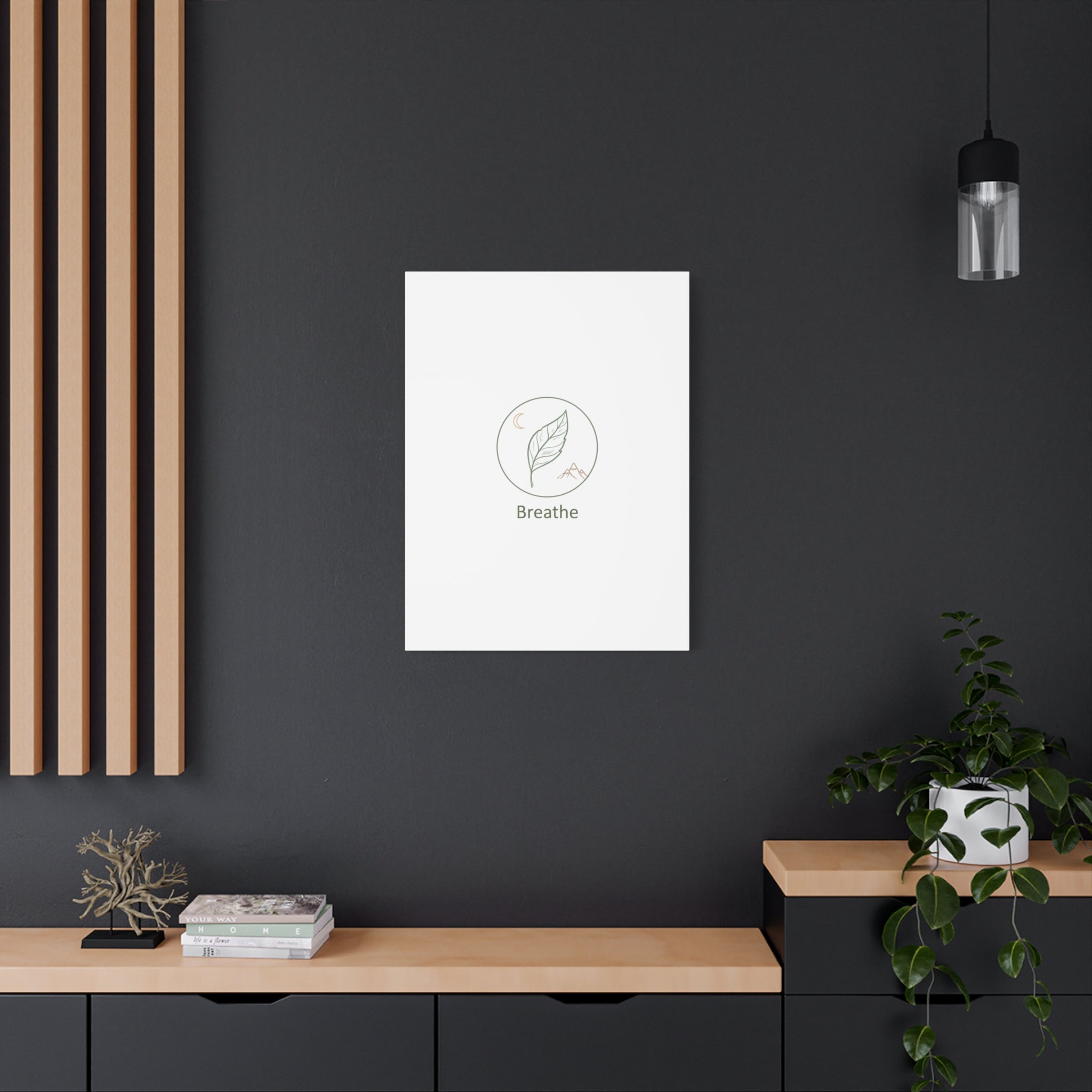 Breathe Leaf Circle Canvas | Minimal Nature Symbols, Moon & Mountain Wall Art