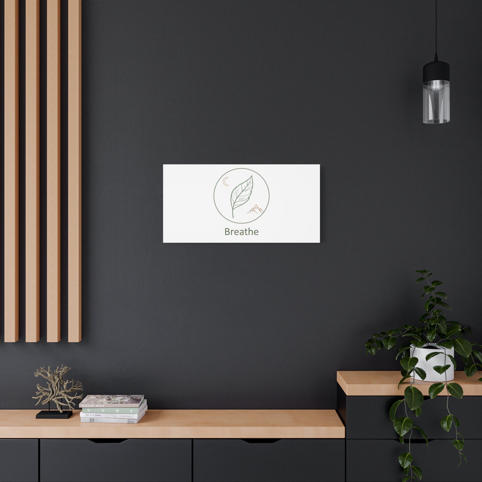 Breathe Leaf Circle Canvas | Minimal Nature Symbols, Moon & Mountain Wall Art