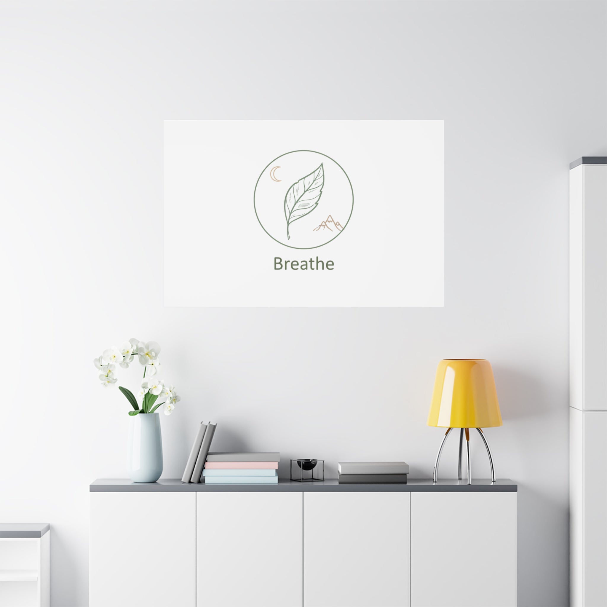 Breathe Leaf Circle Canvas | Minimal Nature Symbols, Moon & Mountain Wall Art
